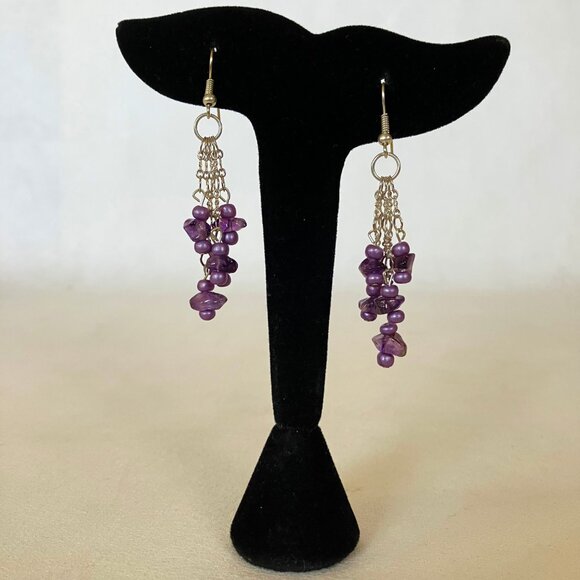 Purple Beaded Earrings Silvertone Metal Chain Handcrafted Unique Dangle New Gift - Picture 2 of 7